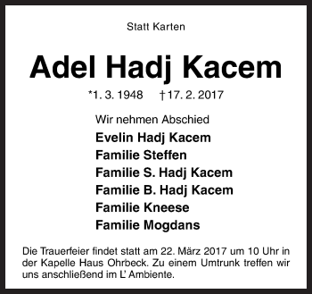 Traueranzeige von Adel Hadj Kacem von Neue Osnabrücker Zeitung GmbH & Co. KG