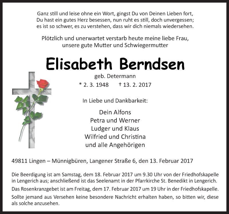  Traueranzeige für Elisabeth Berndsen vom 16.02.2017 aus Neue Osnabrücker Zeitung GmbH & Co. KG