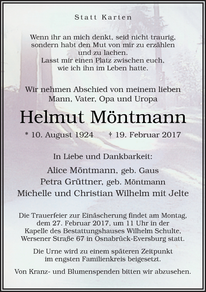  Traueranzeige für Helmut Möntmann vom 22.02.2017 aus Neue Osnabrücker Zeitung GmbH & Co. KG