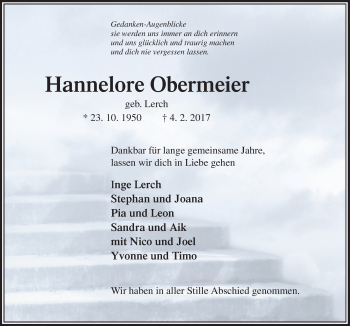 Traueranzeige von Hannelore Obermeier von Neue Osnabrücker Zeitung GmbH & Co. KG