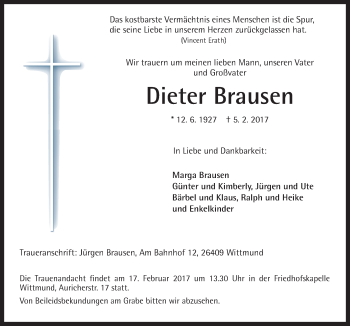 Traueranzeige von Dieter Brausen von Neue Osnabrücker Zeitung GmbH & Co. KG