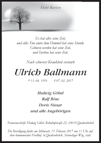 Traueranzeige von Ulrich Ballmann von Neue Osnabrücker Zeitung GmbH & Co. KG