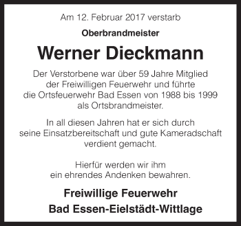 Traueranzeige von Werner Dieckmann von Neue Osnabrücker Zeitung GmbH & Co. KG