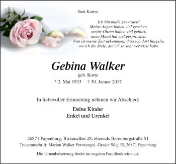 Traueranzeige von Gebina Walker von Neue Osnabrücker Zeitung GmbH & Co. KG