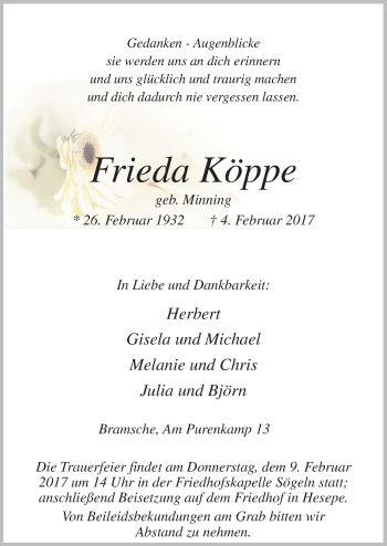 Traueranzeige von Frieda Köppe von Neue Osnabrücker Zeitung GmbH & Co. KG