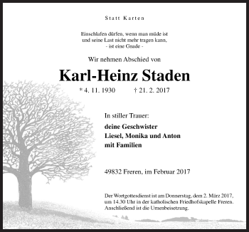 Traueranzeige von Karl-Heinz Staden von Neue Osnabrücker Zeitung GmbH & Co. KG