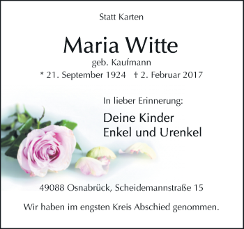 Traueranzeige von Maria Witte von Neue Osnabrücker Zeitung GmbH & Co. KG