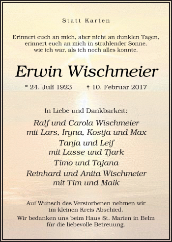 Traueranzeige von Erwin Wischmeier von Neue Osnabrücker Zeitung GmbH & Co. KG