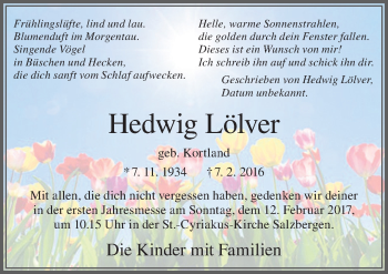 Traueranzeige von Hedwig Lölver von Neue Osnabrücker Zeitung GmbH & Co. KG