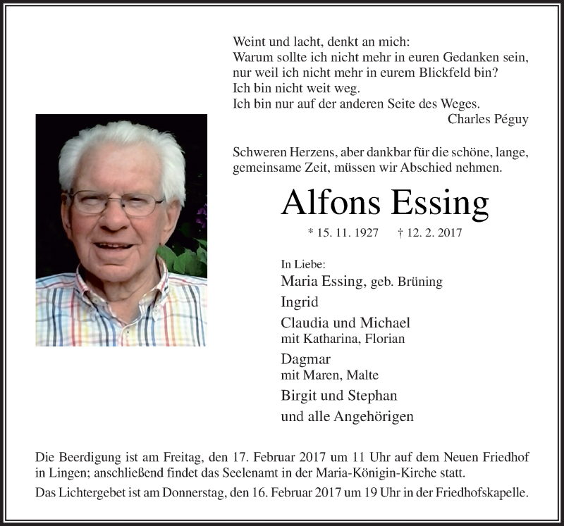  Traueranzeige für Alfons Essing vom 15.02.2017 aus Neue Osnabrücker Zeitung GmbH & Co. KG