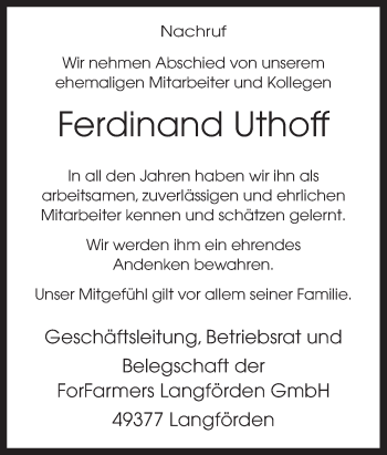 Traueranzeige von Ferdinand Uthoff von Neue Osnabrücker Zeitung GmbH & Co. KG