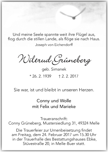 Traueranzeige von Wiltrud Grüneberg von Neue Osnabrücker Zeitung GmbH & Co. KG