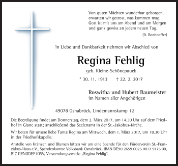 Traueranzeige von Regina Fehlig von Neue Osnabrücker Zeitung GmbH & Co. KG