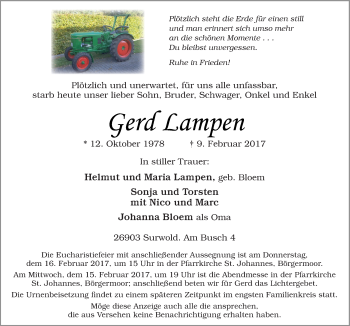 Traueranzeige von Gerd Lampen von Neue Osnabrücker Zeitung GmbH & Co. KG