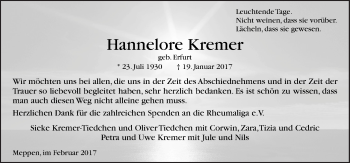 Traueranzeige von Hannelore Kremer von Neue Osnabrücker Zeitung GmbH & Co. KG