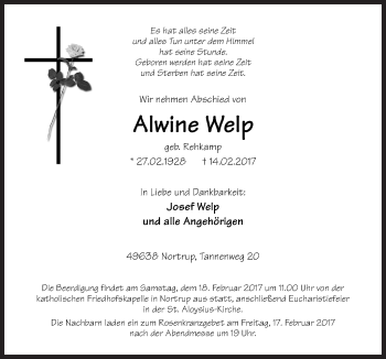 Traueranzeige von Alwine Welp von Neue Osnabrücker Zeitung GmbH & Co. KG