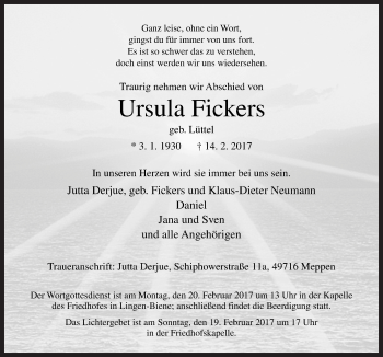 Traueranzeige von Ursula Fickers von Neue Osnabrücker Zeitung GmbH & Co. KG