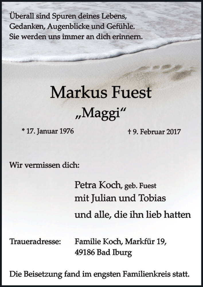  Traueranzeige für Markus Fuest vom 25.02.2017 aus Neue Osnabrücker Zeitung GmbH & Co. KG