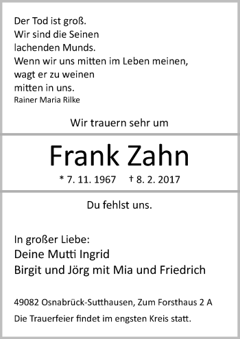 Traueranzeige von Frank Zahn von Neue Osnabrücker Zeitung GmbH & Co. KG