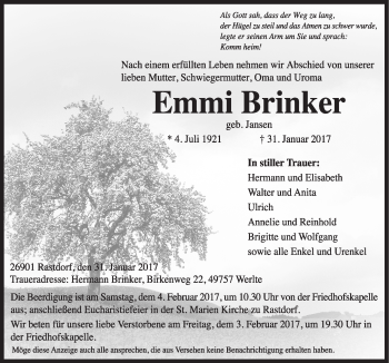 Traueranzeige von Emmi Brinker von Neue Osnabrücker Zeitung GmbH & Co. KG