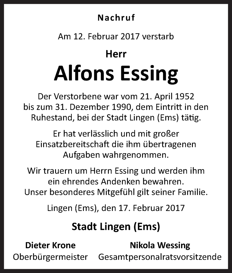  Traueranzeige für Alfons Essing vom 18.02.2017 aus Neue Osnabrücker Zeitung GmbH & Co. KG