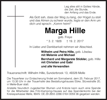 Traueranzeige von Marga Hille von Neue Osnabrücker Zeitung GmbH & Co. KG