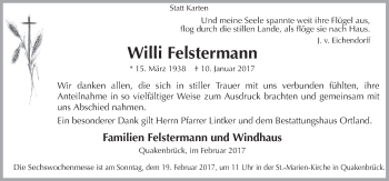 Traueranzeige von Willi Felstermann von Neue Osnabrücker Zeitung GmbH & Co. KG
