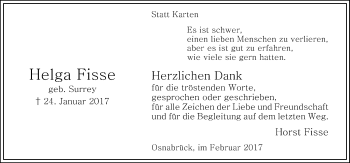 Traueranzeige von Helga Fisse von Neue Osnabrücker Zeitung GmbH & Co. KG