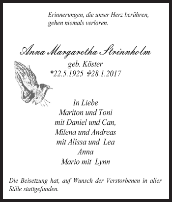 Traueranzeige von Anna Margaretha Strinnholm von Neue Osnabrücker Zeitung GmbH & Co. KG