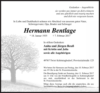 Traueranzeige von Hermann Bentlage von Neue Osnabrücker Zeitung GmbH & Co. KG