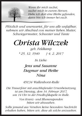 Traueranzeige von Christa Wilczek von Neue Osnabrücker Zeitung GmbH & Co. KG