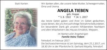 Traueranzeige von Angela Tieben von Neue Osnabrücker Zeitung GmbH & Co. KG