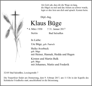 Traueranzeige von Klaus Büge von Neue Osnabrücker Zeitung GmbH & Co. KG