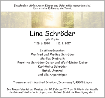 Traueranzeige von Lina Schröder von Neue Osnabrücker Zeitung GmbH & Co. KG