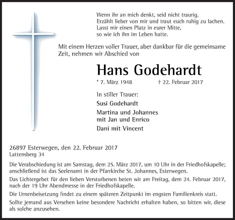  Traueranzeige für Hans Godehardt vom 23.02.2017 aus Neue Osnabrücker Zeitung GmbH & Co. KG