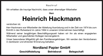 Traueranzeige von Heinrich Hackmann von Neue Osnabrücker Zeitung GmbH & Co. KG