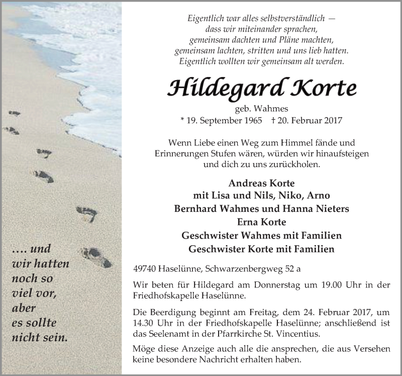  Traueranzeige für Hildegard Korte vom 22.02.2017 aus Neue Osnabrücker Zeitung GmbH & Co. KG