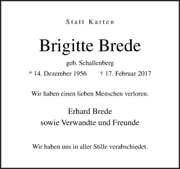 Traueranzeige von Brigitte Brede von Neue Osnabrücker Zeitung GmbH & Co. KG