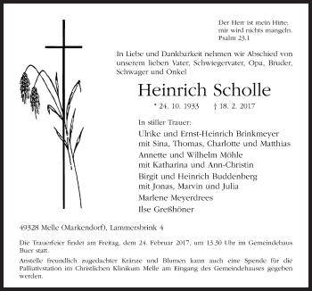 Traueranzeige von Heinrich Scholle von Neue Osnabrücker Zeitung GmbH & Co. KG