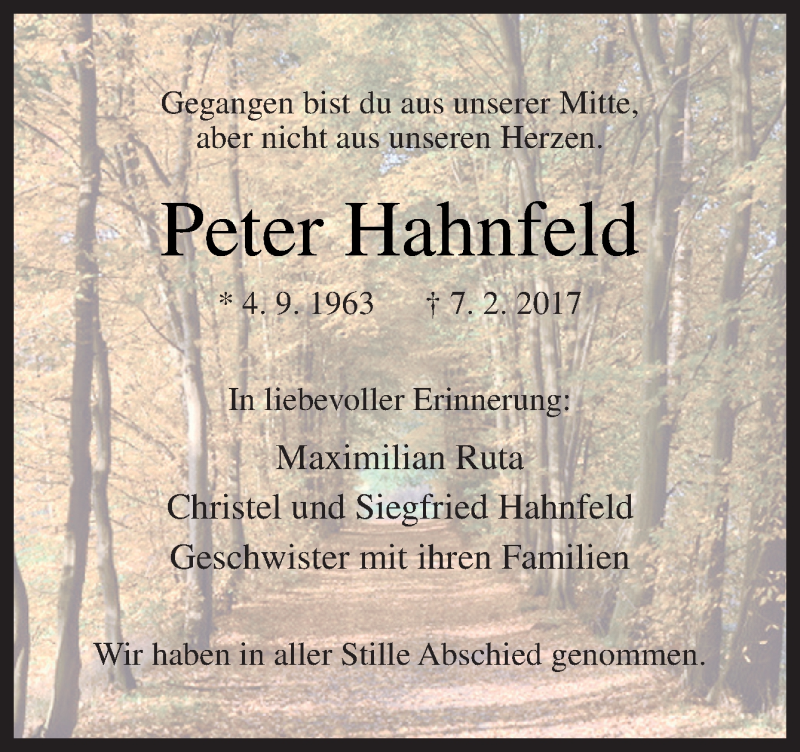  Traueranzeige für Peter Hahnfeld vom 18.02.2017 aus Neue Osnabrücker Zeitung GmbH & Co. KG