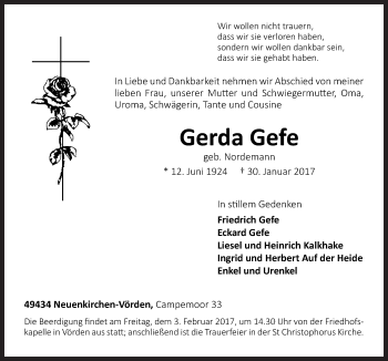 Traueranzeige von Gerda Gefe von Neue Osnabrücker Zeitung GmbH & Co. KG