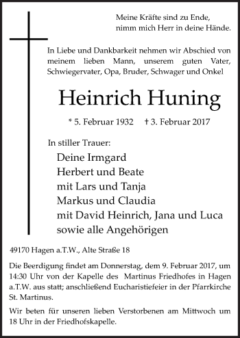 Traueranzeige von Heinrich Huning von Neue Osnabrücker Zeitung GmbH & Co. KG