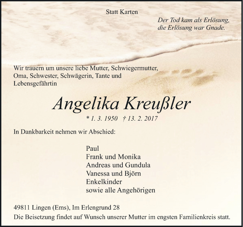  Traueranzeige für Angelika Kreußler vom 18.02.2017 aus Neue Osnabrücker Zeitung GmbH & Co. KG