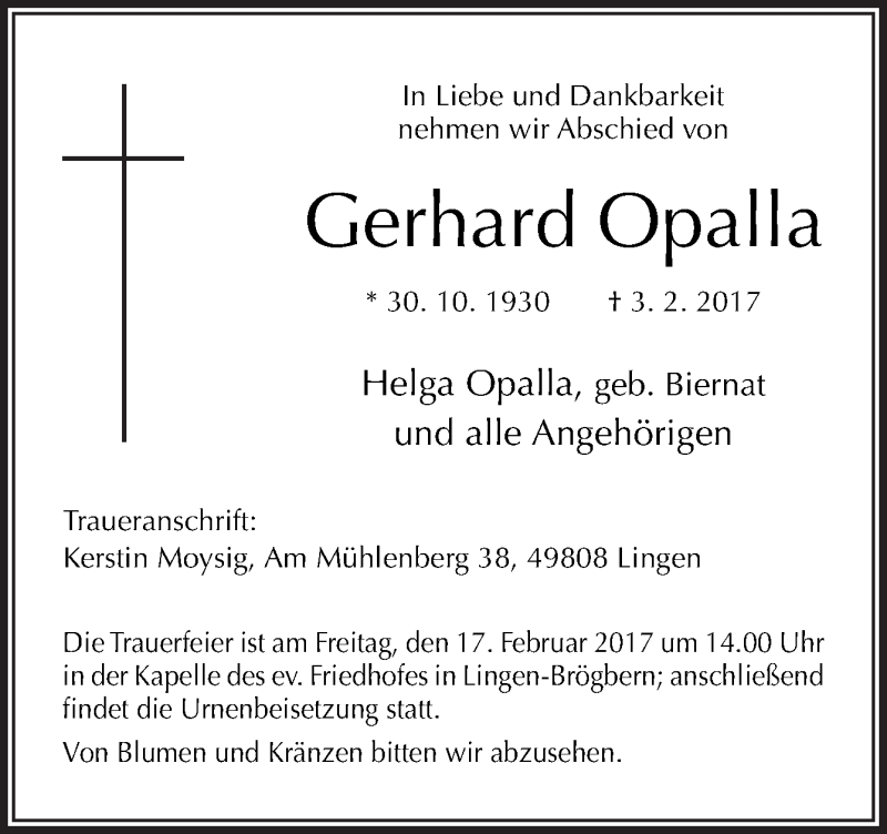  Traueranzeige für Gerhard Opalla vom 11.02.2017 aus Neue Osnabrücker Zeitung GmbH & Co. KG