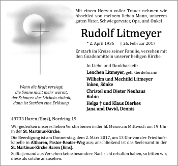 Traueranzeige von Rudolf Litmeyer von Neue Osnabrücker Zeitung GmbH & Co. KG