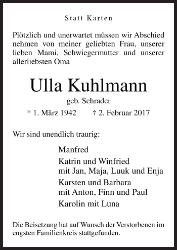 Traueranzeige von Ulla Kuhlmann von Neue Osnabrücker Zeitung GmbH & Co. KG