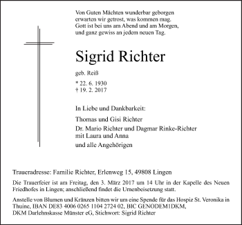 Traueranzeige von Sigrid Richter von Neue Osnabrücker Zeitung GmbH & Co. KG