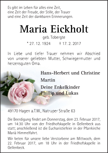 Traueranzeige von Maria Eickholt von Neue Osnabrücker Zeitung GmbH & Co. KG