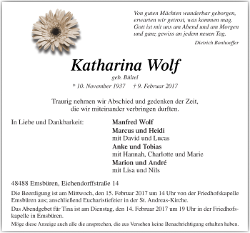 Traueranzeige von Katharina  Wolf von Neue Osnabrücker Zeitung GmbH & Co. KG
