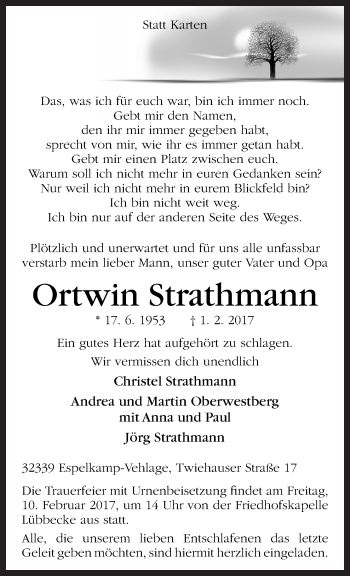 Traueranzeige von Ortwin Strathmann von Neue Osnabrücker Zeitung GmbH & Co. KG